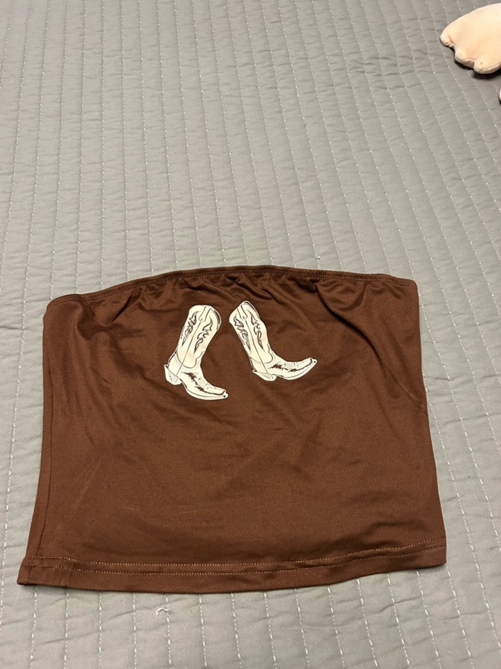 Brown Strapless Cowboy Boot Graphic Crop Top